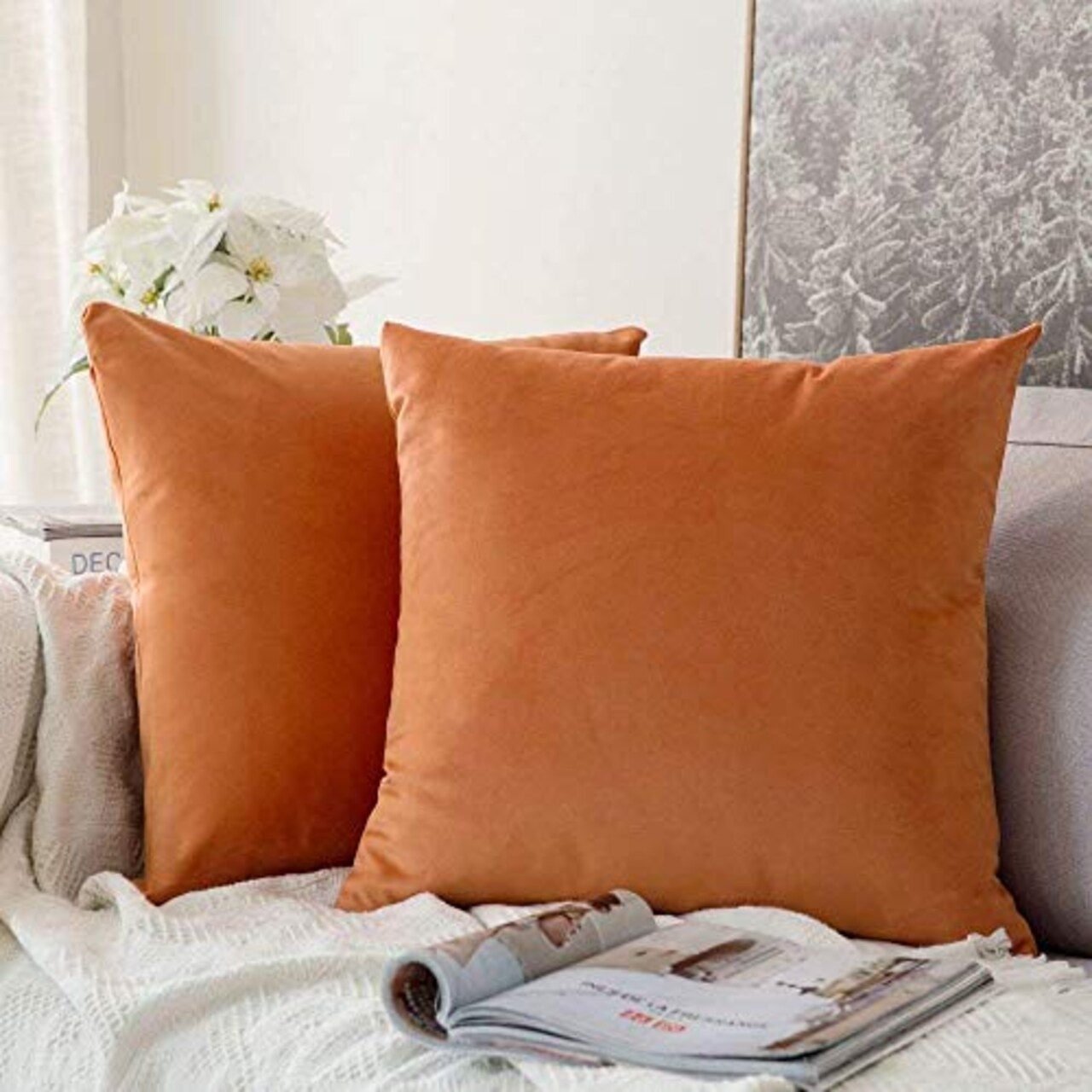 MIULEE Fall Pack of 2 Velvet Soft Solid Decorative Square Throw Pillow Covers Set Cushion Case for Sofa Bedroom Car 18x18 Inch 45x45 Cm Orange